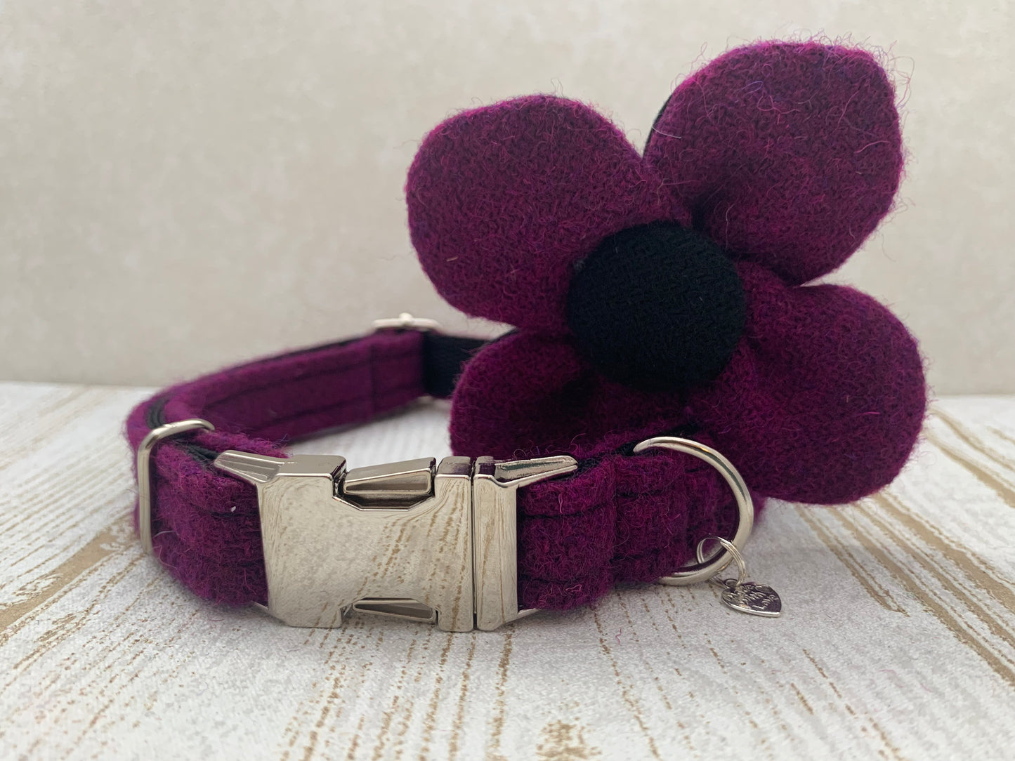 (Caledonian) Harris Tweed Flower Dog Collar - Dark Purple - BOWZOS