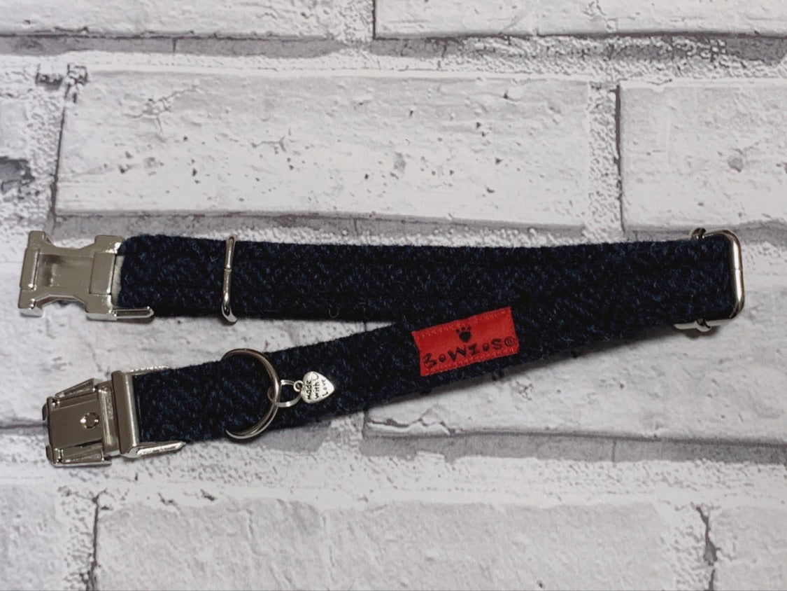 (Navy) Harris Tweed® Dog Collar - Navy Herringbone