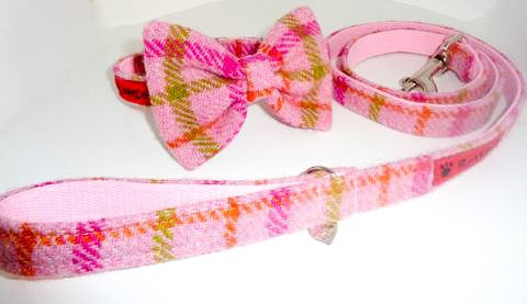 (Isla) Harris Tweed Bow Tie Dog Collar & Lead Set - Baby Pink Check - BOWZOS