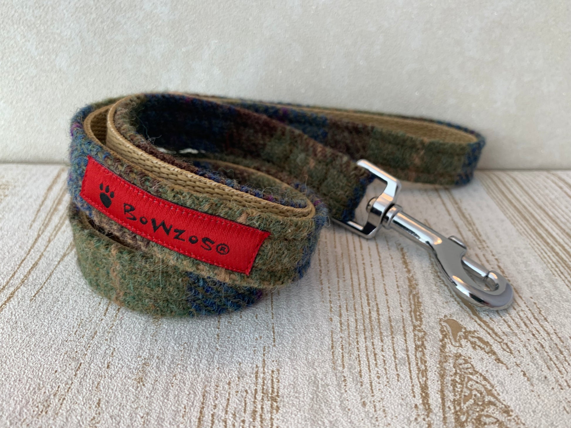 (Inverary) Harris Tweed Bow Tie Dog Collar & Lead Set - Khaki & Blue Check - BOWZOS
