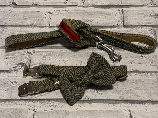 (Beige Herringbone) Harris Tweed® Bow Tie Dog Collar & Lead Set - Beige Herringbone