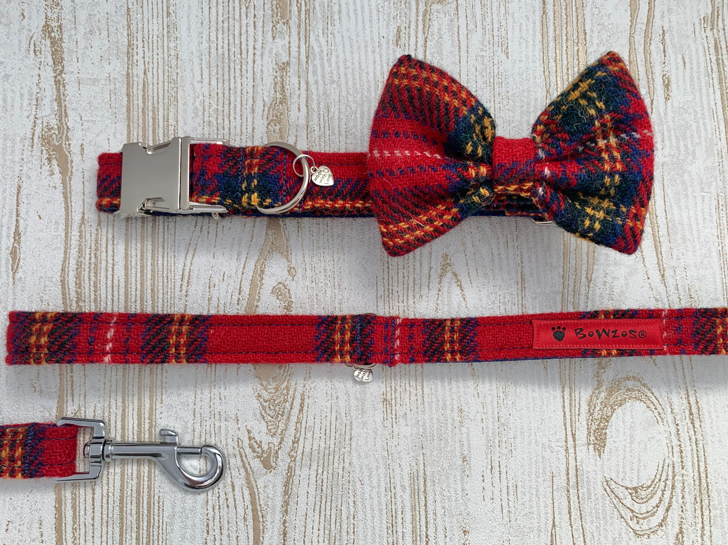 Harris Tweed Bow Tie Dog Collar & Lead Set - Red Stewart Tartan - BOWZOS