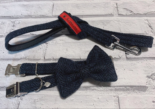 (Navy Herringbone) Harris Tweed® Bow Tie Dog Collar & Lead Set - Navy Herringbone