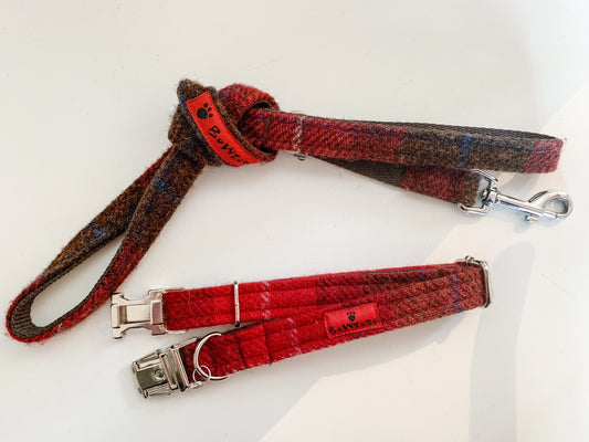 (Blair) Harris Tweed Dog Collar & Lead Set - Dark Red - BOWZOS