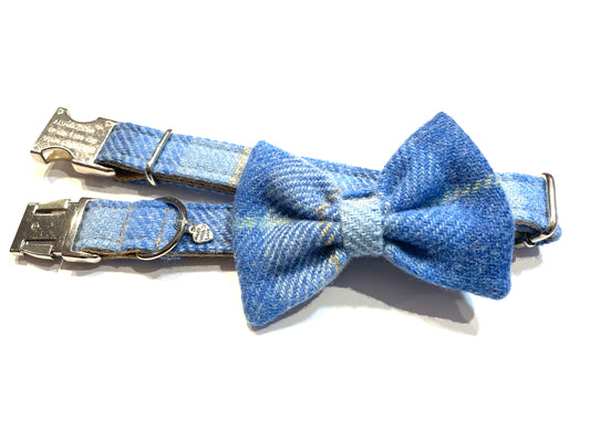 (Edinburgh) Harris Tweed® Bow Tie Dog Collar - Baby Blue Check