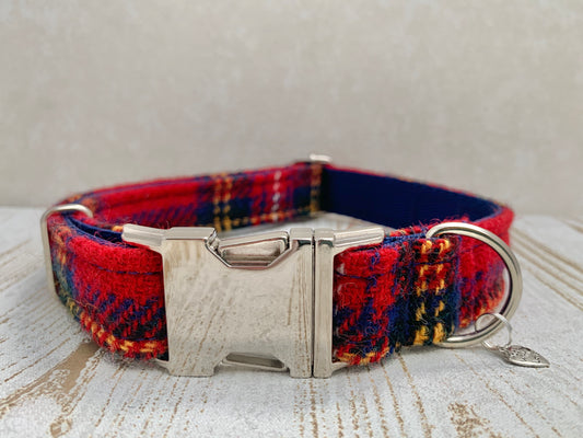 Harris Tweed Dog Collar  - Red Stewart Tartan - BOWZOS