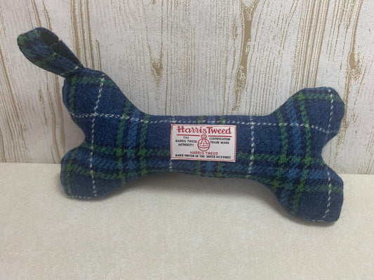 (St Andrews) Harris Tweed Squeaky Bone Toy - Blue Check - BOWZOS