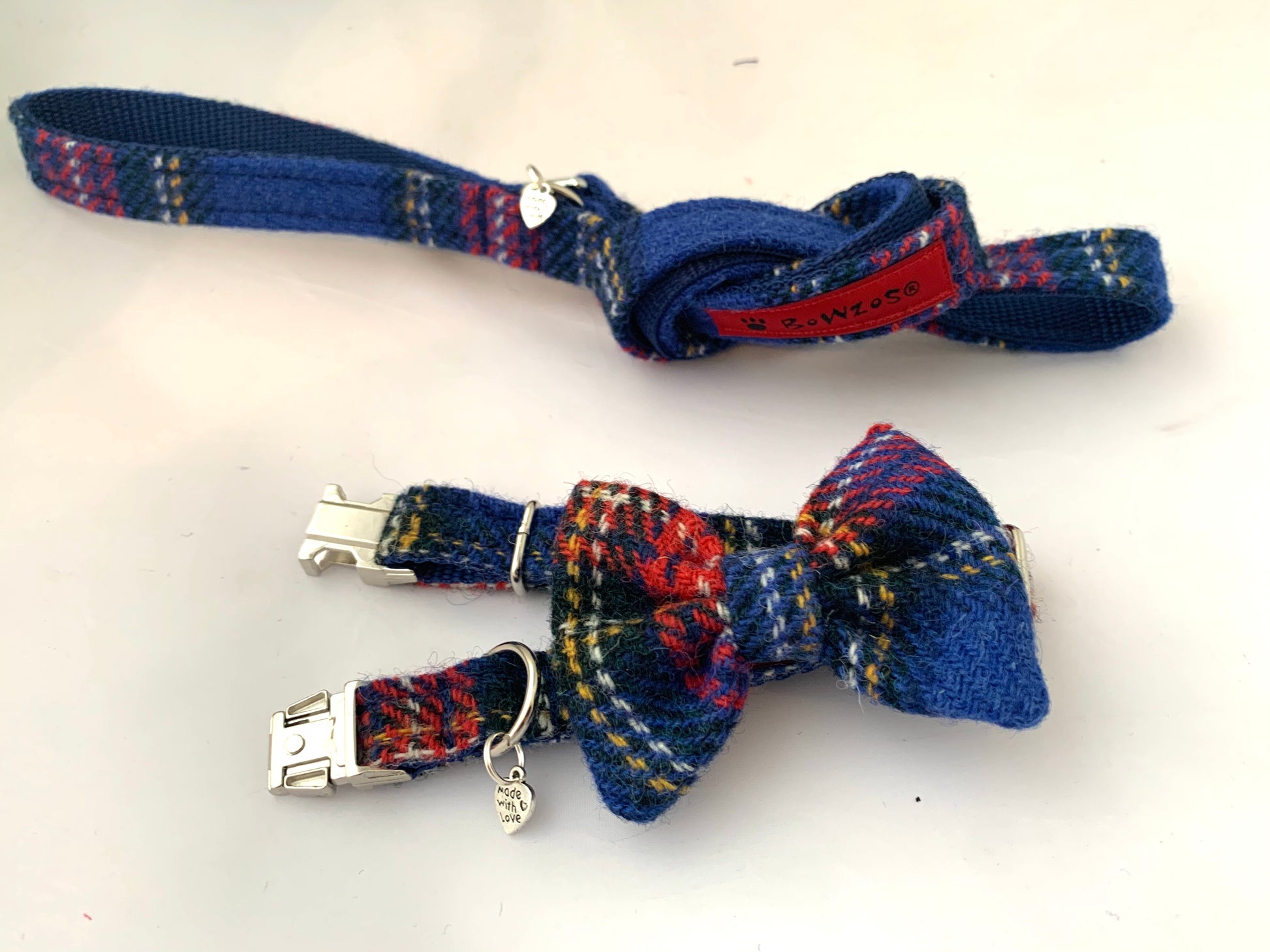 Harris Tweed Bow Tie Dog Collar & Lead Set - Blue Stewart Tartan - BOWZOS