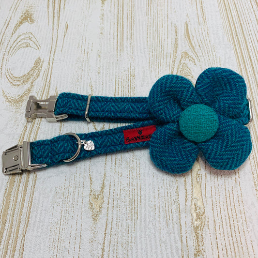 (Luskentyre) Harris Tweed Flower Dog Collar - Aquamarine Herringbone - BOWZOS