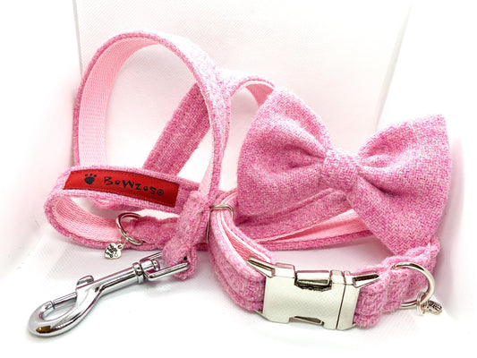 (Rose) Harris Tweed Bow Tie Dog Collar & Lead Set - Rose Pink - BOWZOS