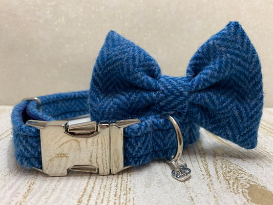 (Scarista) Harris Tweed Bow Tie Dog Collar & Lead Set - Blue Herringbone - BOWZOS