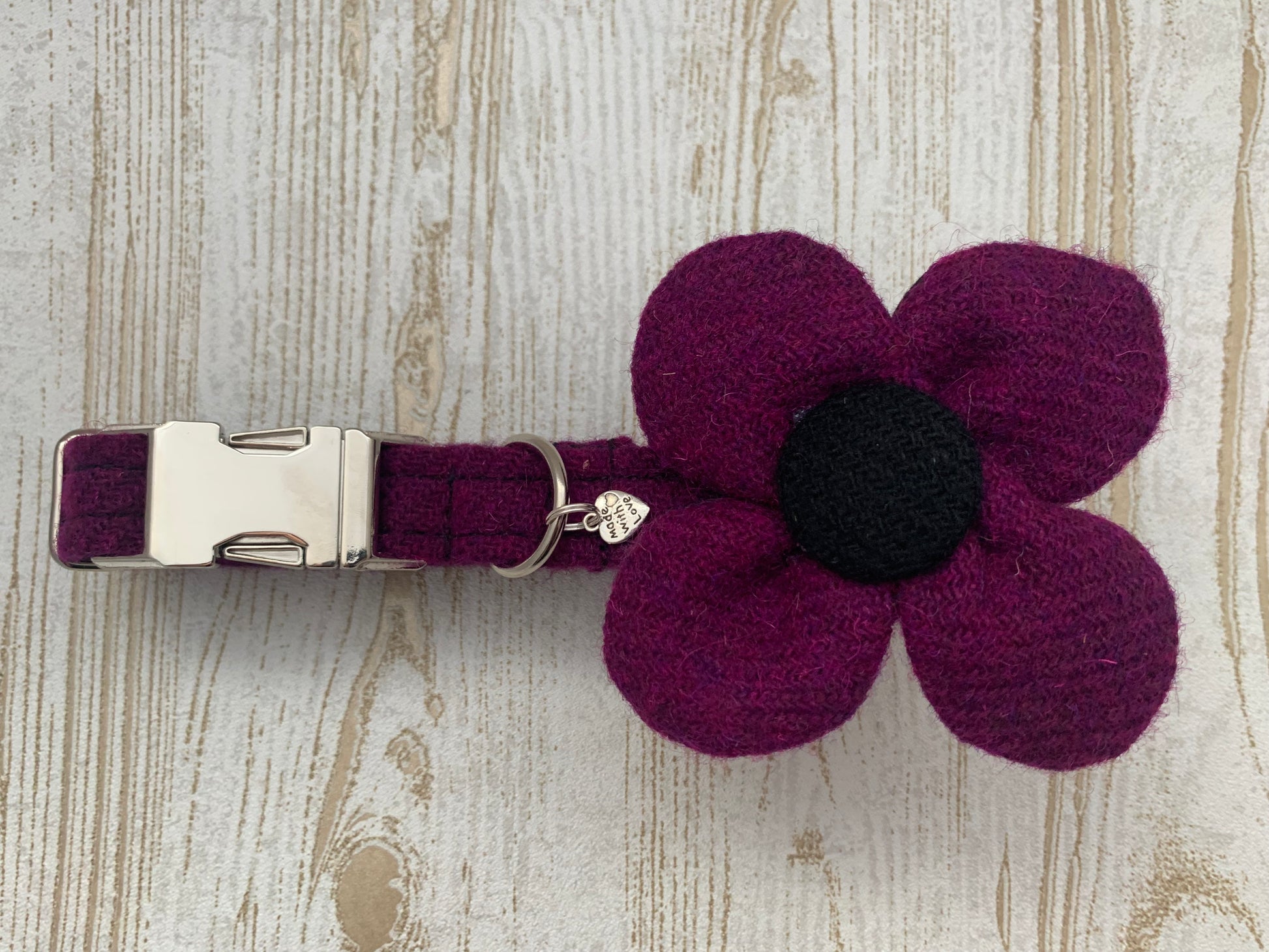 (Caledonian) Harris Tweed Flower Dog Collar - Dark Purple - BOWZOS