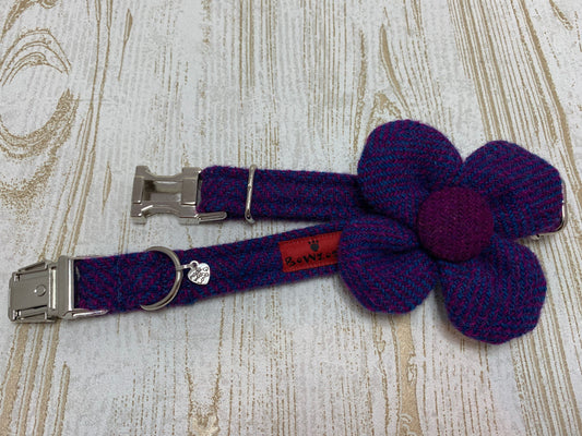 (Seilebost) Harris Tweed Flower Dog Collar - Purple Herringbone - BOWZOS