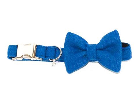 (Bonnie) Harris Tweed Bow Tie Dog Collar - Blue - BOWZOS