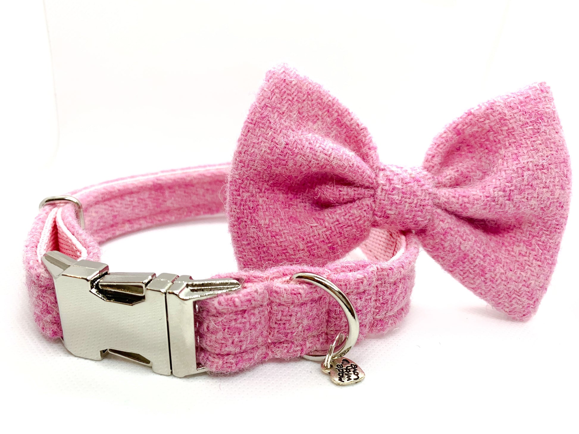 (Rose) Harris Tweed Bow Tie Dog Collar - Rose Pink - BOWZOS