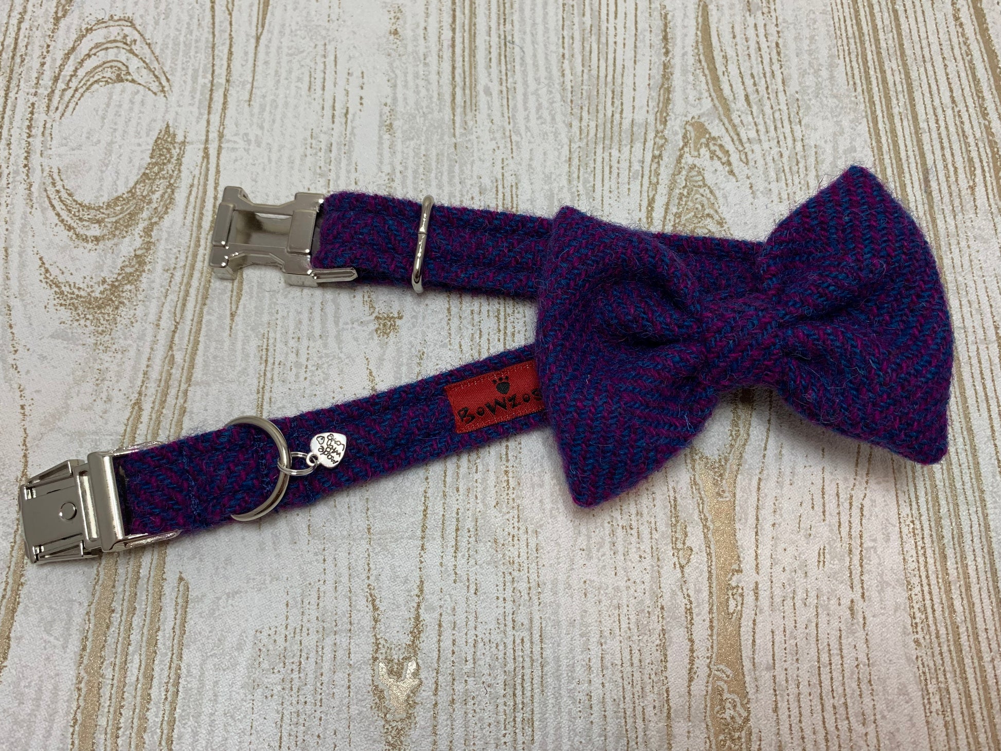 (Seilebost) Harris Tweed Bow Tie Dog Collar - Purple Herringbone - BOWZOS