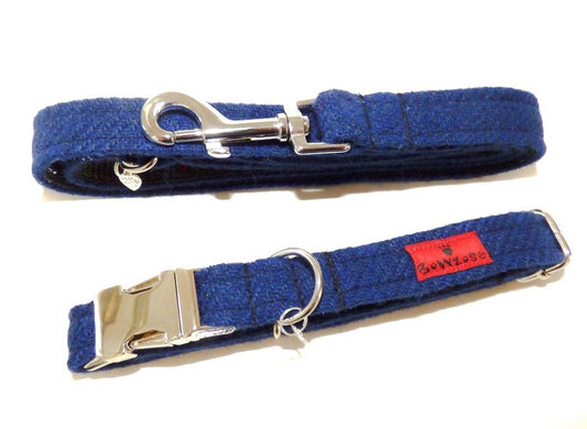 (Balmoral) Harris Tweed Dog Collar & Lead Set - Blue (with Silver Buckle & Findings) - BOWZOS