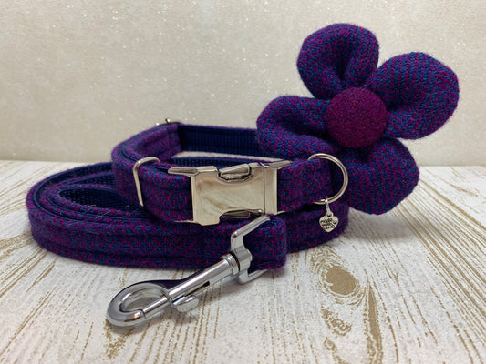 (Seilebost) Harris Tweed Flower Dog Collar & Lead Set - Purple Herringbone - BOWZOS