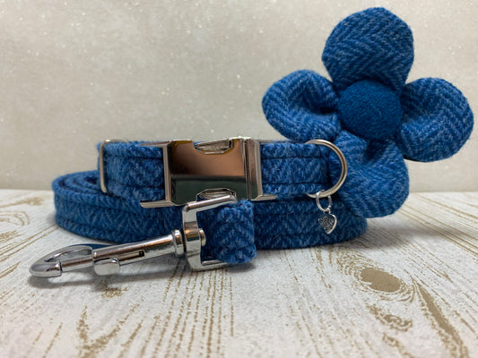 (Scarista) Harris Tweed Flower Dog Collar & Lead Set - Blue Herringbone - BOWZOS