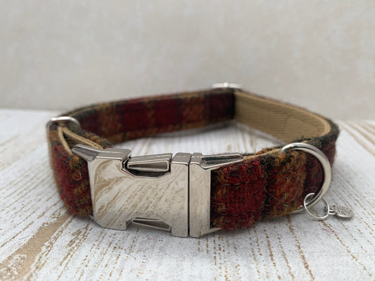 (Stornaway) Harris Tweed Dog Collar  - Chestnut & Mustard - BOWZOS