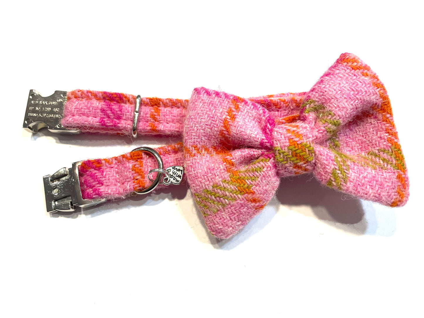 (Isla) Harris Tweed® Bow Tie Dog Collar - Baby Pink Check
