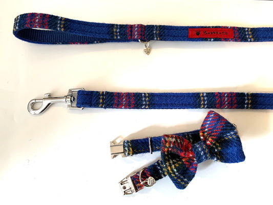 Harris Tweed Bow Tie Dog Collar & Lead Set - Blue Stewart Tartan - BOWZOS