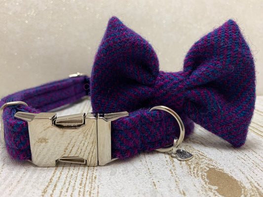 (Seilebost) Harris Tweed Bow Tie Dog Collar - Purple Herringbone - BOWZOS