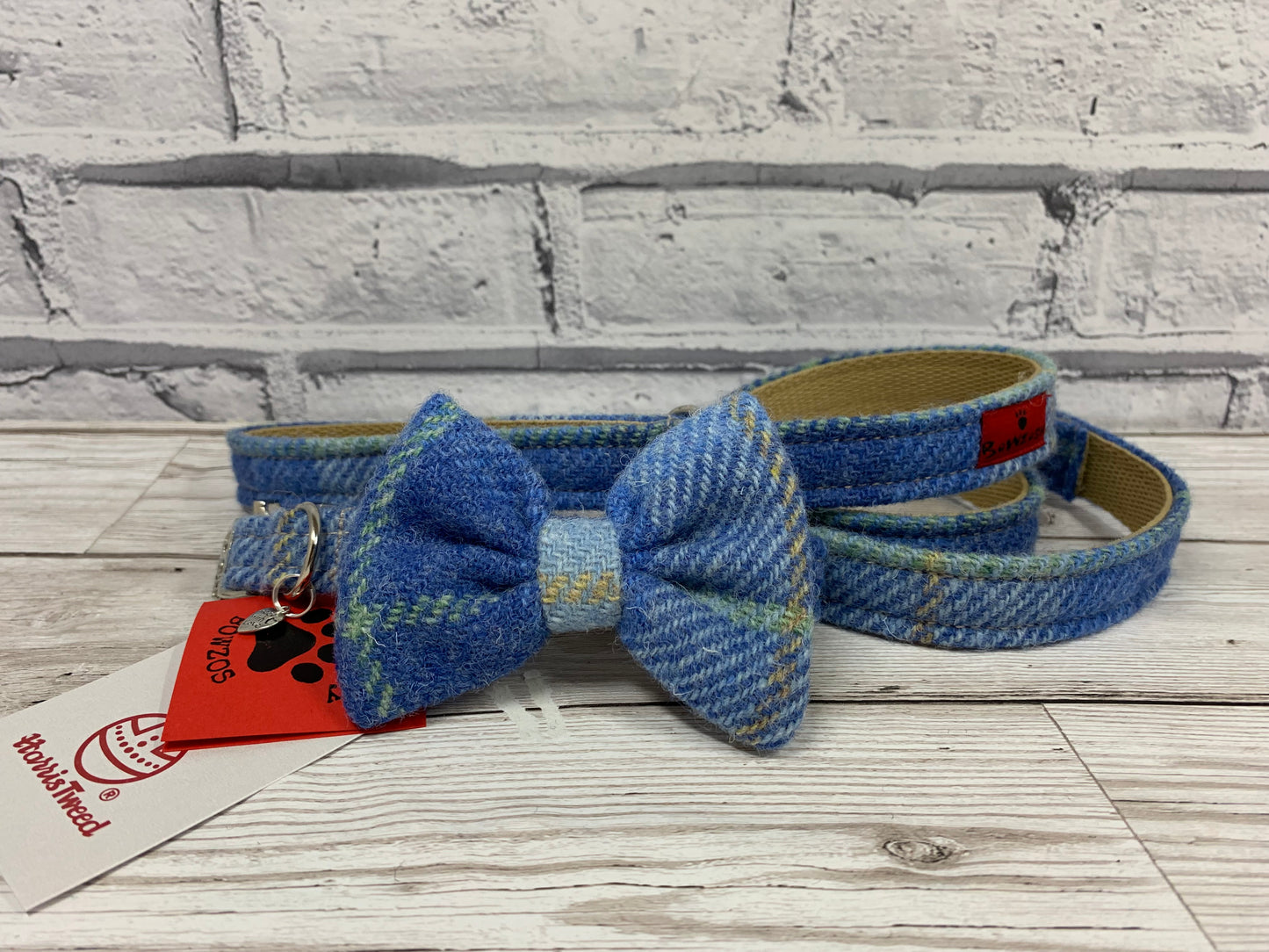(Edinburgh) Harris Tweed Bow Tie Dog Collar & Lead Set - Baby Blue Check - BOWZOS