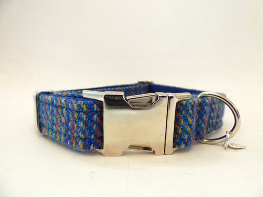 (Gordon) Harris Tweed Dog Collar - Blue Kaona - BOWZOS