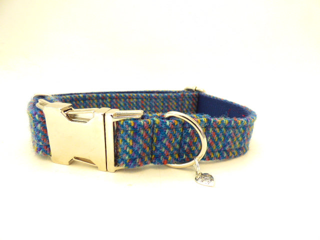 (Gordon) Harris Tweed Dog Collar - Blue Kaona - BOWZOS