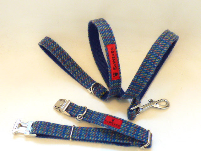 (Gordon) Harris Tweed Dog Collar & Lead Set - Kaona Blue - BOWZOS