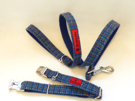 (Gordon) Harris Tweed Dog Collar & Lead Set - Kaona Blue - BOWZOS
