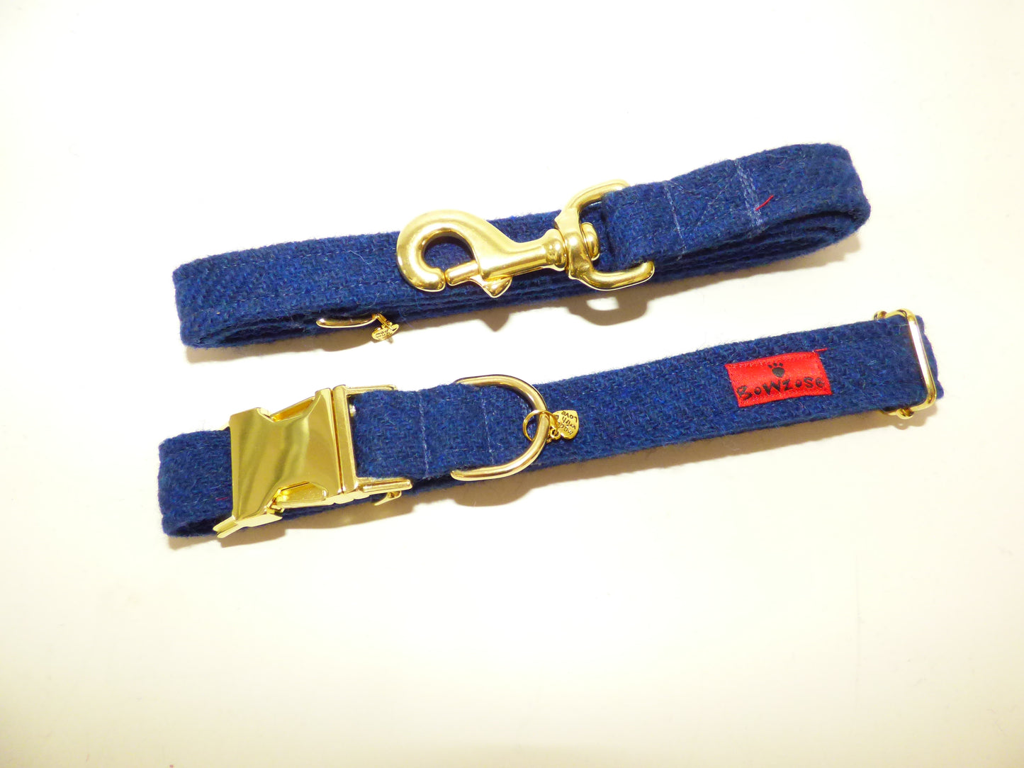 (Balmoral) Harris Tweed Dog Collar & Lead Set - Blue (with Gold Look Buckle & Brass Findings) - BOWZOS