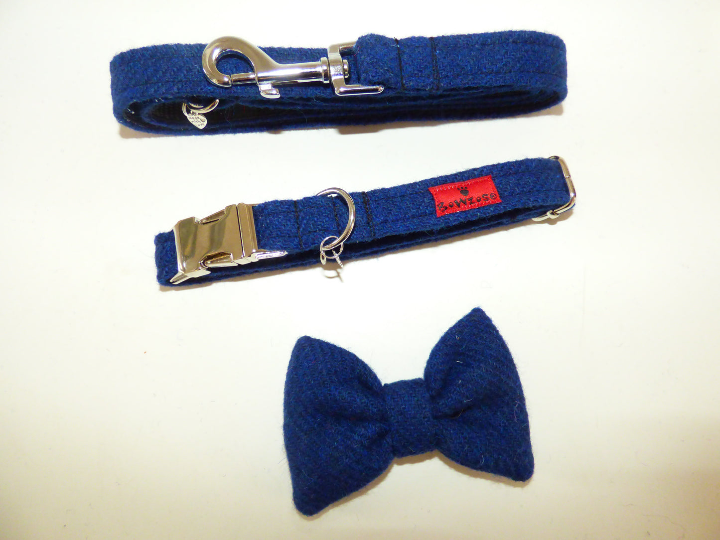 (Balmoral) Harris Tweed Bow Tie  Dog Collar & Lead Set - Blue (with Silver Findings) - BOWZOS