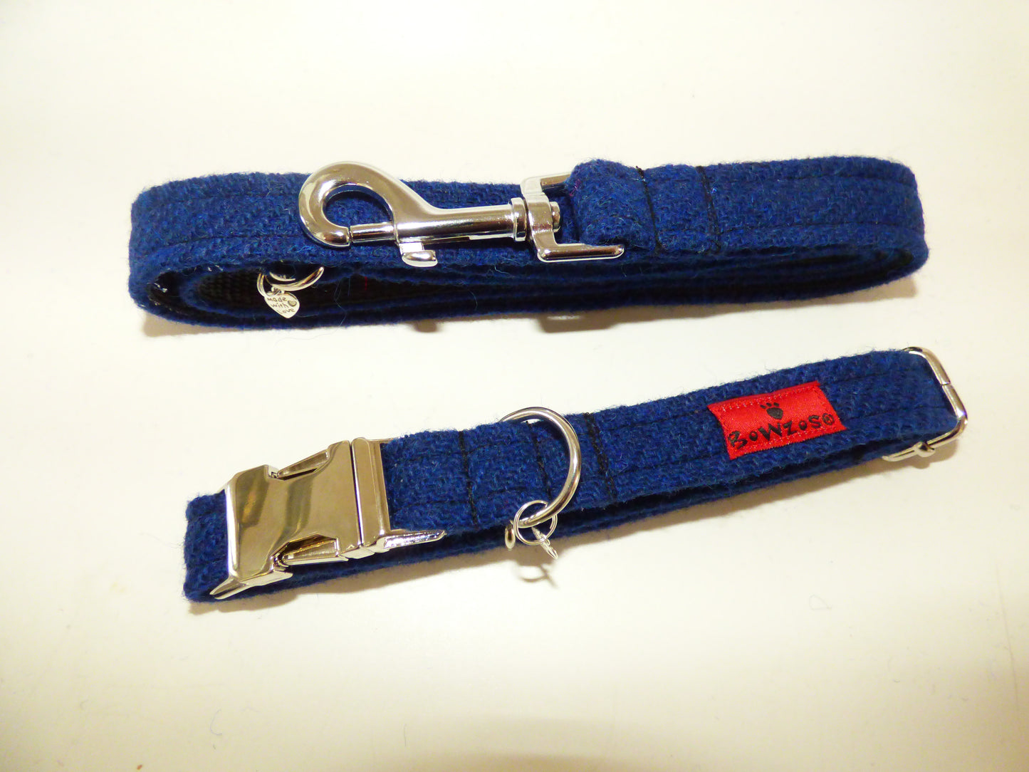 (Balmoral) Harris Tweed Dog Collar & Lead Set - Blue (with Silver Buckle & Findings) - BOWZOS